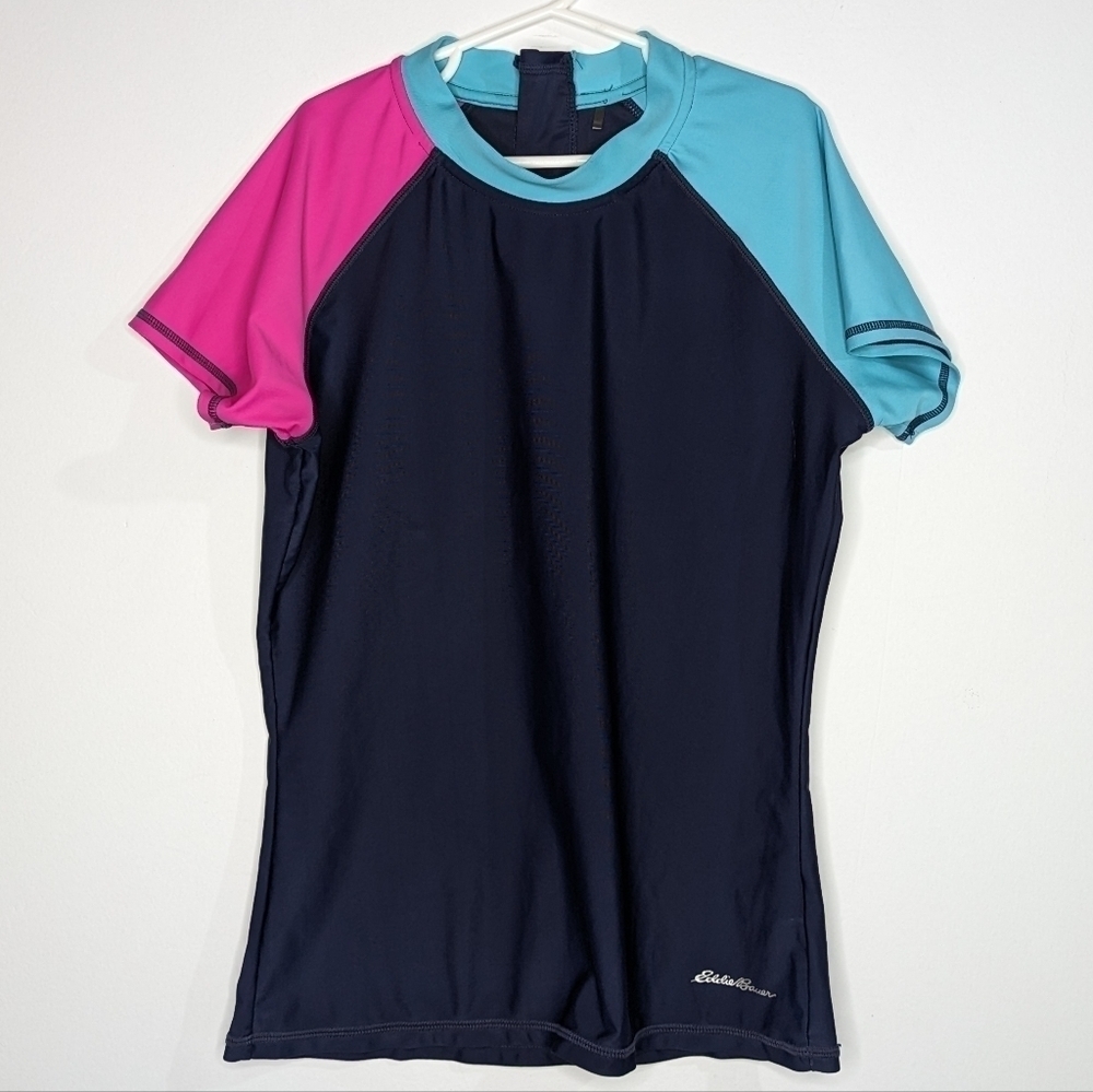 ✨3/$15 Eddie Bauer blue pink short sleeve rash guard swim top 14/16